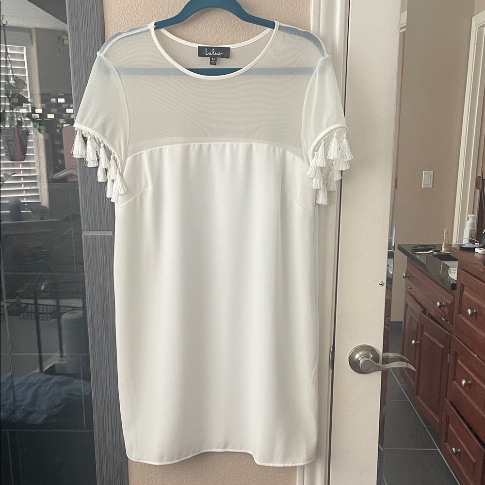 White Sheer Lulus Sleeve Dress with Tassels